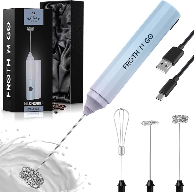 Zulay Froth N Go Milk Frother – Rechargeable 3-in-1 Handheld Frother Wand with Travel Case & USB-C Charger – Single, Double & Egg Whisk for Latte, Cappuccino, Matcha, Protein Shakes – Cloud