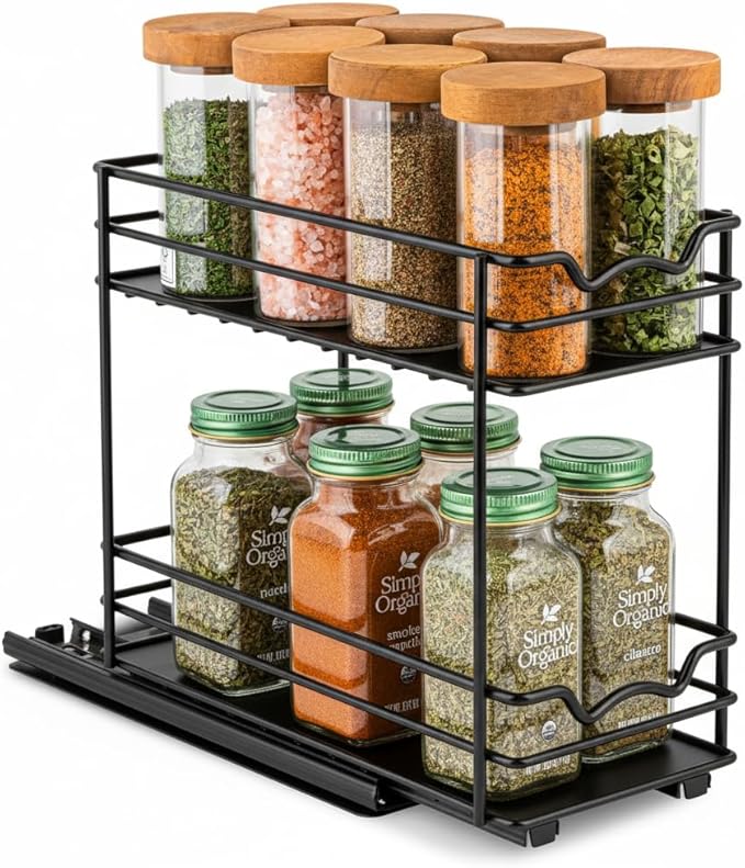 Pull Out Cabinet Organizer for Spices, Cans - Heavy Duty with Lifetime Limited Warranty- Pull Out Spice Rack- Cabinet Pull Out Shelf for Cans,Dishes, Etc, 4-1/2"Wx10-3/8"Dx8-7/8"H, Black