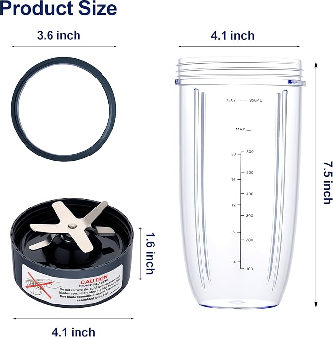 Upgrade Blender Cups and Blades Fit for Nutribullet 600w/900w, Replacement Parts 32oz Cups and Extractor Blades with 4 Rubber Gaskets, Blender Accessories (8 Pcs)