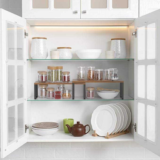 NEX Cabinet Organizer Shelf, Set of 2 Kitchen Counter Shelves, Spice Rack, Stackable Kitchen Shelves Organizer, Pantry Cupboard Dish Mug Cup Storage Shelf, Black and Brown