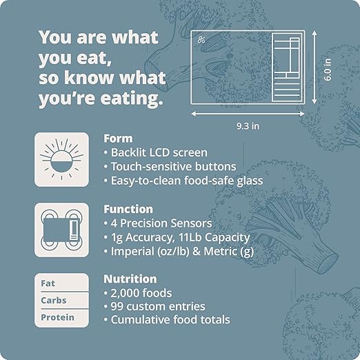 Greater Goods Nutrition Scale (Non‑Connected) – Food Grade Glass, 2,000 Food Codes Preloaded, Compact (9.33"x6.02"x0.91") for Portion Control & Meal Prep