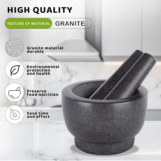 Mortar and Pestle Set,Heavy Duty,Unpolished Granite,5Inch-1.5Cup Capacity,Grinder for Spices and Seeds,Grinding,Crushing and Mashing Spices,Nuts,for Guacamole,Garlic Sauce,Black.