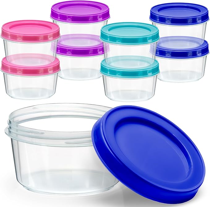 DecorRack 8 Pack - 7 oz Plastic Food Storage Containers with Screw Lids, BPA-Free, Reusable Stackable Jars for Portion Control, Snacks, Travel, Kitchen, Freezer, Art and Craft (Assorted Color)