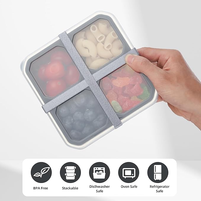 4 Pack Stainless Steel Snack Containers with Lids 4 Compartment Lunch Box for Adults & Kids Meal Prep Bento Box Containers Reusable