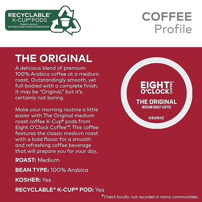 Eight O'Clock Coffee The Original, Single-Serve Keurig K-Cup Pods, Medium Roast Coffee Pods, 96 Count