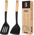 Silicone Wok Spatula Turner Set, Perfect for Scooping, Flipping, Lifting Pancakes and Picking up Veggies, BPA-Free Matte Silicone, Wooden Handles, Safe for Nonstick Cooking Surfaces (Black)