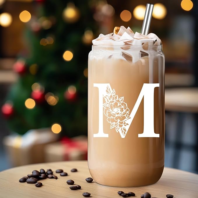 Coolife Initial Glass Cup, Monogrammed Gifts for Women, 16 oz Glass Cups w/Lids Straws, Iced Coffee Smoothie Beer Tumbler w/Straw Lid - Personalized Christmas, Birthday Gifts for Her Mom Friend Woman