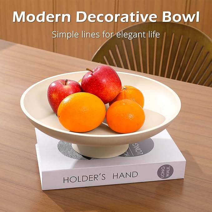 Large Decorative Bowl for Home Decor, Large Fruit Bowl for Kitchen Counter, Key Bowl for Entryway Table (Beige, Pedestal)