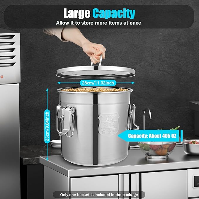 304 Stainless Steel Airtight Canister for Kitchen, 3.2Gal/405oz Flour Container with Lids and Sturdy Locking Clamp, Metal Bucket Food Storage Containers for Rice Flour Coffee Bean Tea