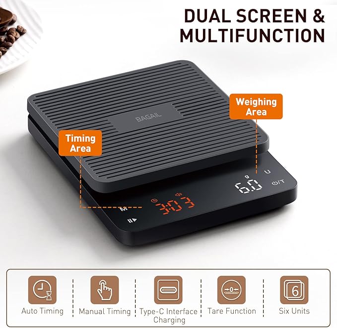 BAGAIL BASICS Coffee Scale with Timer, 0.1g High Precision Kitchen Scale, Pour Over Coffee Scale, Drip Espresso Scale with Auto Tare, Touch Sensor and Silicone Cover - 6.6 lbs/3 kg