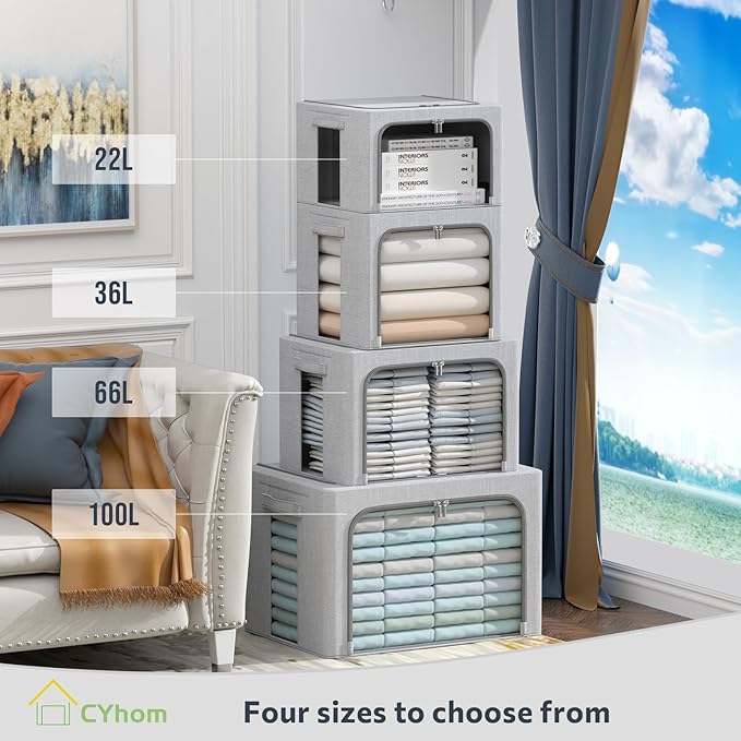Clothes Storage Bins Box - Foldable Stackable Container Organizer Set with Clear Window & Carry Handles & Metal Frame - 2Pack Large Capacity for Bedding, Blankets, Books