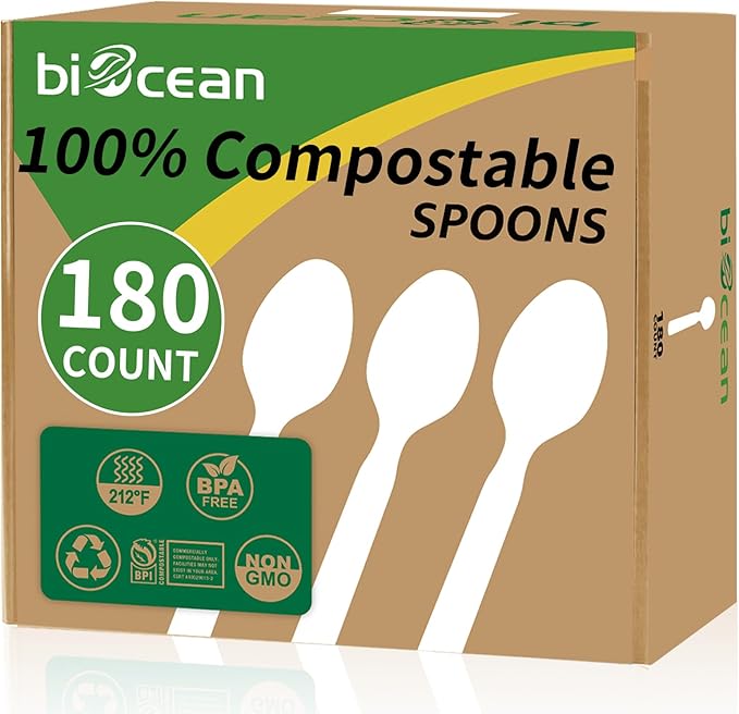 100% Compostable Spoons 180 Count Disposable Spoons Utensils Set Heavy Duty Spoons Silverware Eco Friendly Flatware for Party Camping Picnics Wedding-Ivory White