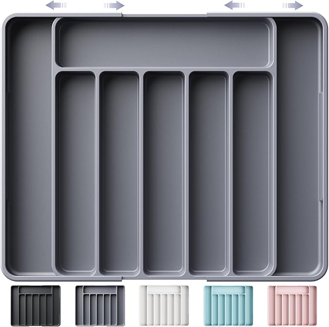 Kitsure Cutlery Drawer Organiser for Kitchen - Adjustable Cutlery Tray for Effortless Utensil Sorting, Versatile Kitchen Storage & Organisation Solution, 13.70" x 1.54" x 10.94"~20.08", Grey