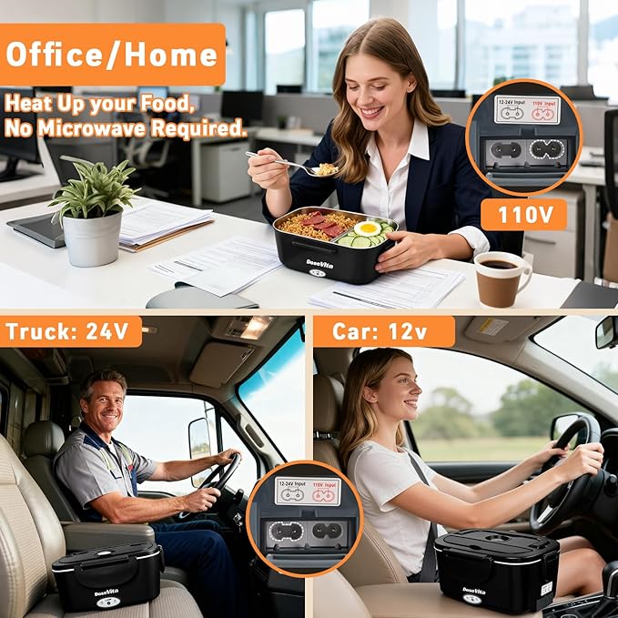 Electric Lunch Box for Adults, 80W Heated Lunch Box 1.5L 304 Stainless Steel Portable Food Warmer,12/24/110V Lonchera Eléctrica Portátil for Car, Truck, Work, Travel