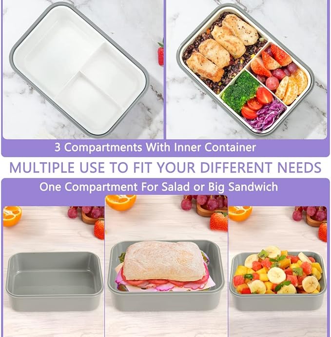 LOVINA Bento Boxes for Adults - 1100 ML Bento Lunch Box Container For Kids With Spoon & Fork - Durable Perfect Size for On-the-Go Meal, BPA-Free and Food-Safe Materials(Grey)
