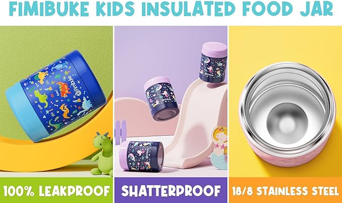 Fimibuke Kids Bento Snack Lunch Box with 4 Compartment, Insulated Bag, Stainless Steel Vacuum Thermos Food Jar, Ice Pack, Utensils Set, Birthday Gift for Age 3-12 Back to School Toddler Girl Boy