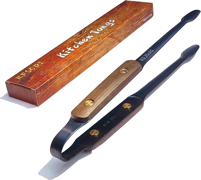 Premium Cooking Tongs - 304 Stainless Steel & Walnut Wood, Comfortable Grip, Non-Slip Design, High Heat Resistant - Ideal for Home, Kitchen, Barbecue & Frying Steak, 9-Inch, Black