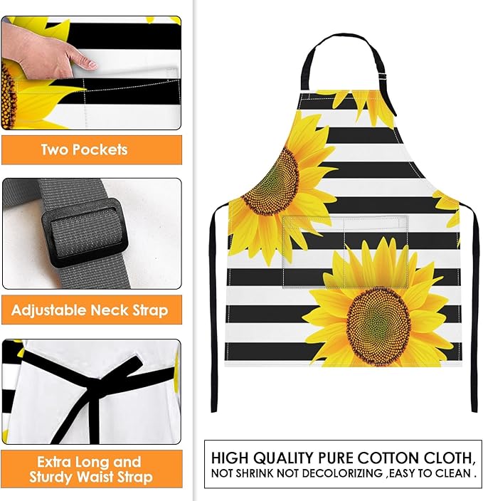 Britimes Apron Home Kitchen Cooking Baking Gardening for Women Men with Pockets Sunflowers Striped Black White Flower 32x28 inch
