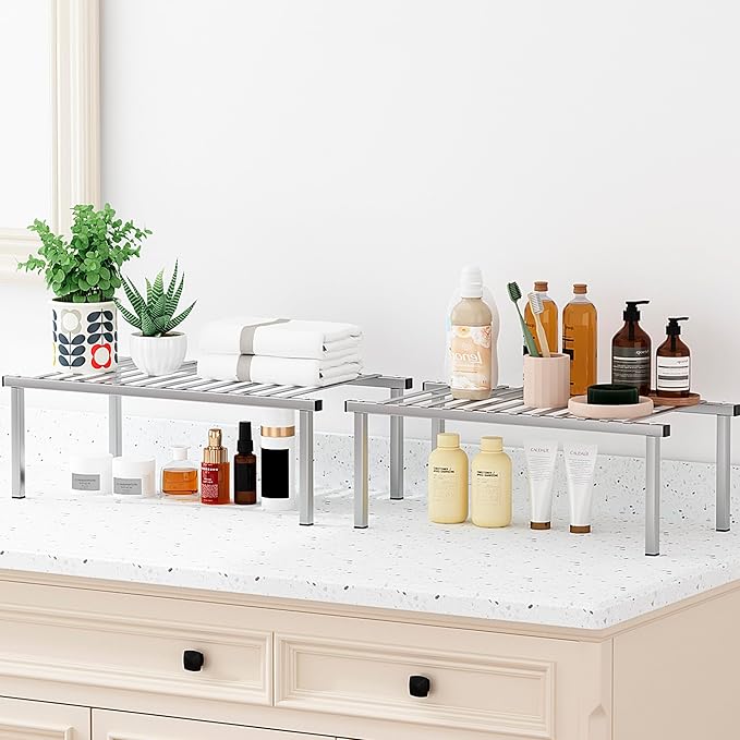 STORAGE MANIAC Set of 4 Expandable Kitchen Cabinet Organizer Shelf Kitchen Counter Shelves Spice Rack Kitchens Storage Wire Shelf Adjustable Metal Pantry Storage for Plate Dish, Grey