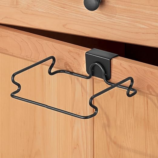 mDesign Over the Cabinet Metal Wire Small Garbage Container, Trash Bag Holder Rack for Recycled Reusable Disposable Plastic Shopping Grocery Bags for Kitchen, Pantry, Garage, Bathroom - Matte Black