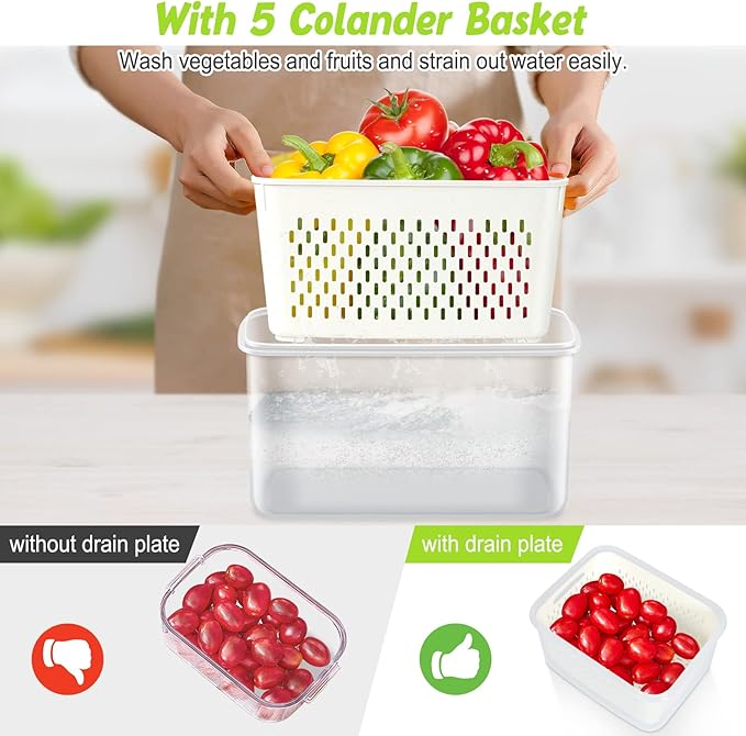 5 PCS Fridge Food Storage Container with Colander, Plastic Fresh Produce Saver Keeper for Vegetable Fruit Berry Salad Lettuce Meat Fish, BPA Free Kitchen Refrigerator Organizer Bins (6.2L-0.8L)