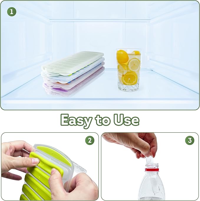 Lily's Home Silicone Ice Cube Tray with Lid Set of 4, BPA-Free, Ideal for Water Bottles & Sports Bottles, Flexible & Stackable Design for Quick Release, Ice Cube Trays for Freezer(11.81"*4.72"*0.95")