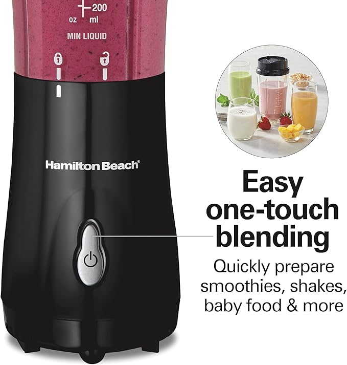 Hamilton Beach Portable Blender for Shakes and Smoothies, 14 Oz BPA Free Travel Cup & Lid, Durable Stainless Steel Blades, Personal Smoothie Blender, Black (51101AG)