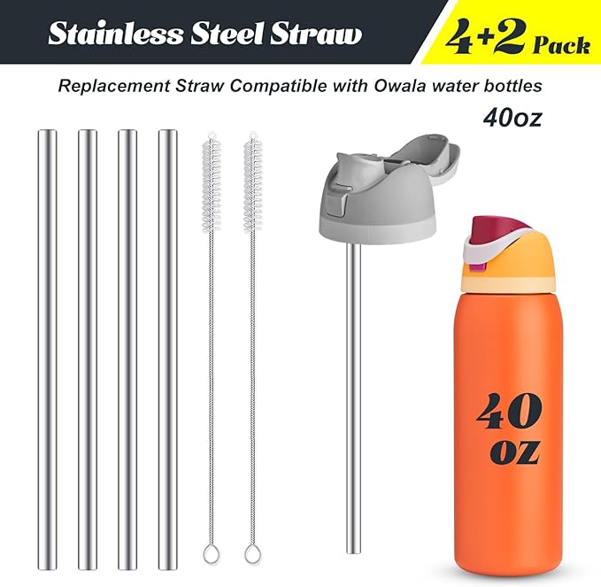 4Pcs Replacement Stainless Steel Straws Compatible with Owala Water Bottle 40oz Reusable Straws with 2 Cleaning Brushes Metal Straw Replacement Compatible with Owala Freesip (23.5cm for 40oz)