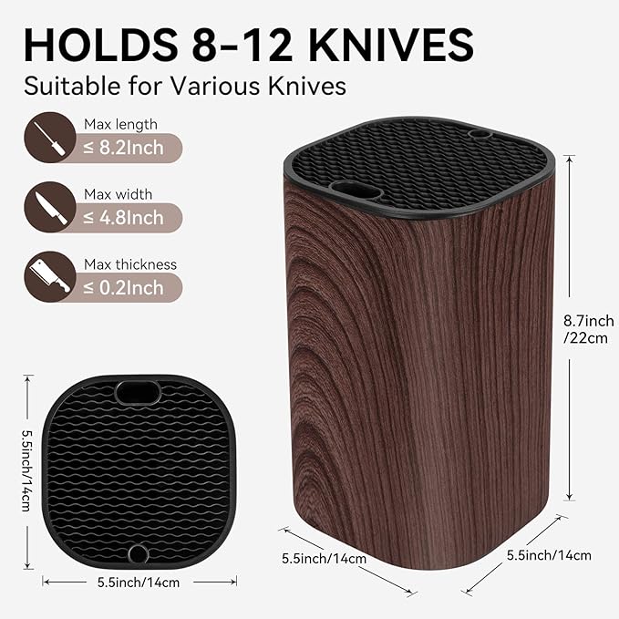 Ninonly Knife Block Without Knives 3 in 1 Universal Square Knife Holder Without Knives with Scissors Slot and Sharpening Rod Detachable Kitchen Knife Holder for Easy Cleaning Space Saver Brown