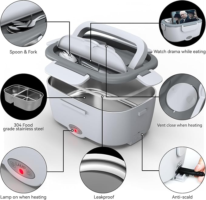 Heated Lunch Box for Men&Women - 80W Electric Lunch Box for Adults with Dual 1.5L 304 Stainless Steel Containers Fast Heating Portable Food Warmer for Car&Truck lonchera eléctrica portátil