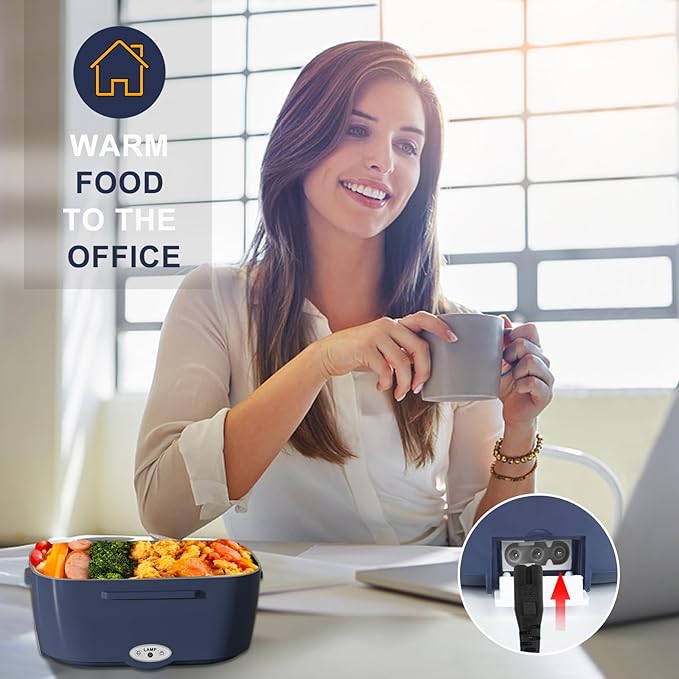 Monteka Electric Lunch Box Food Heater - Leakproof Portable Food Warmer heated lunch box for adults for Car/Home/Truck with 1.5L Removable Stainless Steel Container, 60W, 12V/24V/110V, DarkBlue
