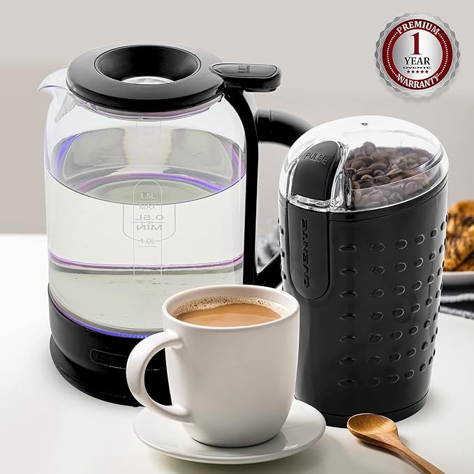 OVENTE 1.5L Electric Kettle and Coffee Beans Grinder Set, 1500W Fast Boiling Borosilicate Glass Water Heater and 2.5Oz Compact Grinding Mill with Stainless Steel Blade Combo, Black KG516B + CG225B