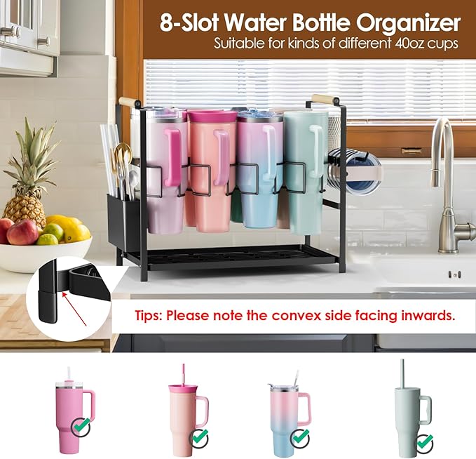 Housolution Water Bottle Organizer Drying Rack for 40 oz Tumbler with Handle, Multifunctional Cup Storage Holder Compatible with Stanley, Owala, Simple Modern and Other Brands, 8 Slots (Patented)