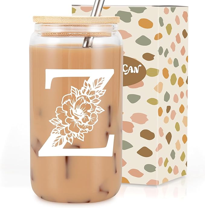 Coolife Initial Glass Cup, Monogrammed Gifts for Women, 16 oz Glass Cups w/Lids Straws, Iced Coffee Smoothie Beer Tumbler w/Straw Lid - Personalized Christmas, Birthday Gifts for Her Mom Friend Woman