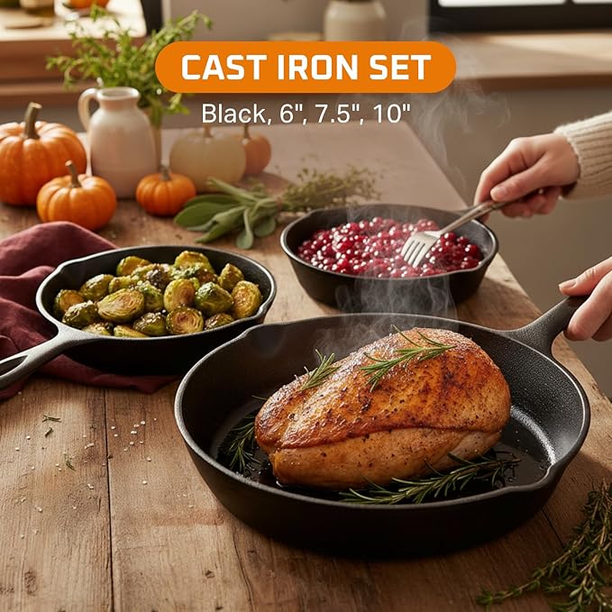 Bruntmor 6, 7.5, 10 Inches Black Pre-Seasoned Cast Iron Frying Pan Set of 3, Oven Safe Cast Iron Skillet, Cast Iron Grill Pan Set, Nonstick Cookware and Bakeware for Casserole Dish