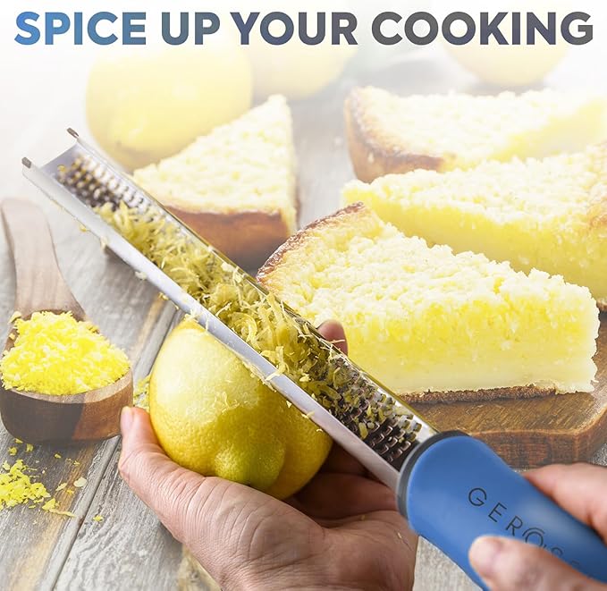 Stainless Steel Cheese Grater & Lemon Zester w/Extra Sharp Blade - Perfect for Lemon, Parmesan, Garlic, Chocolate - Spice Up any Dish in Seconds w/Your Premium Citrus Hand Grater with Handle - Blue