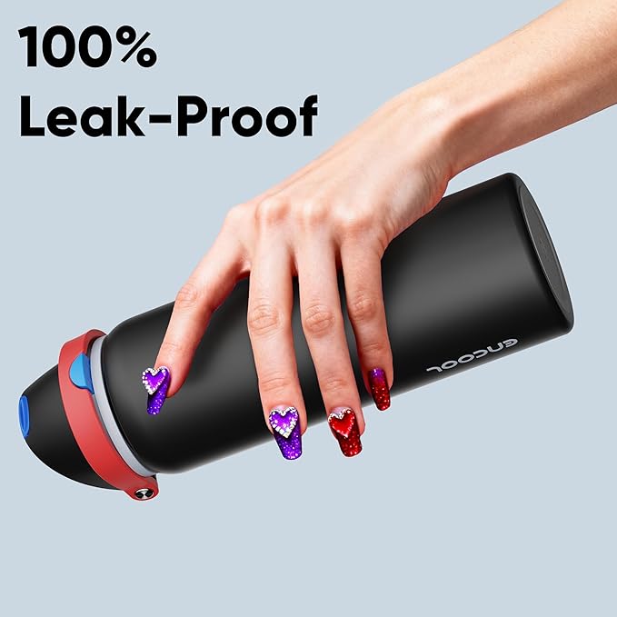 Insulated Water Bottle with Straw - Encool Stainless Steel Water Bottle with Push Button Lid, Leak-Proof & BPA-Free, Keeps Cold for 24 Hours for Sports, Travel, Gym (32 oz, Oil Black)