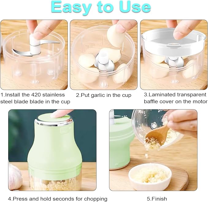 Vegetable Chopper, Electric Garlic Chopper, 250ML USB Rechargeable Mini Blender, Powerful Small Food Processor, Blender to Vegetable, Wireless Food Cutter for Ginger, Chili, Fruit, Meat, etc（Green）
