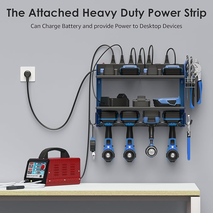 CCCEI Modular Power Tool Organizer Wall Mount with Charging Station. Garage Drill Storage Shelf with Hooks, Heavy Duty Rack, Tool Battery Holder Built in 8 Outlet. Gift for Men. Blue, 1 Pack.