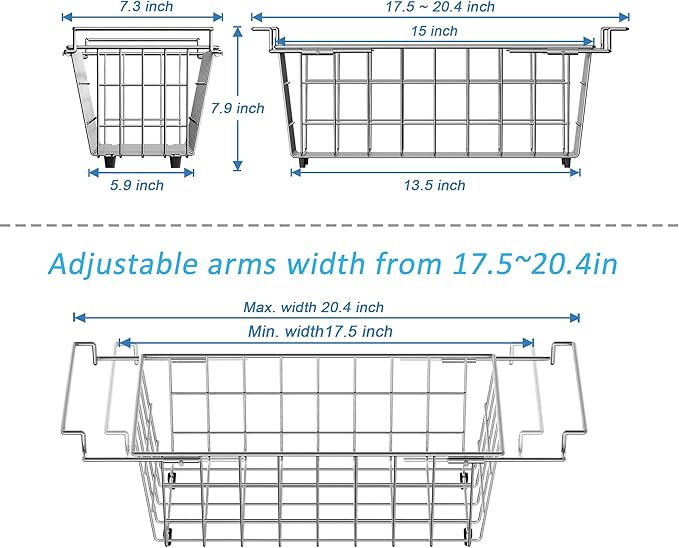 SANNO Chest Freezer Baskets, Stainless Steel Storage Organizer Bins with Sturdy Handles for Chest and Deep Freezers,Adjustable Arms width 17.5"~20.4", 2 pack