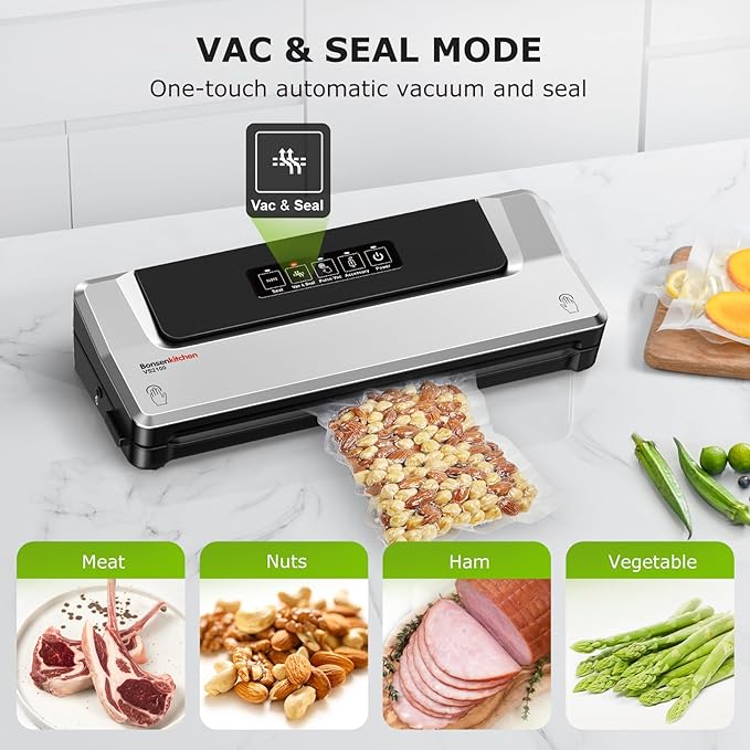 Bonsenkitchen Vacuum Sealer Machine with Mason Jar Sealer Kit | Compact Food Sealer for Kitchen Storage & Meal Prep | Multiple Modes | External Vacuum System & 40 Vacuum Bags, Silver