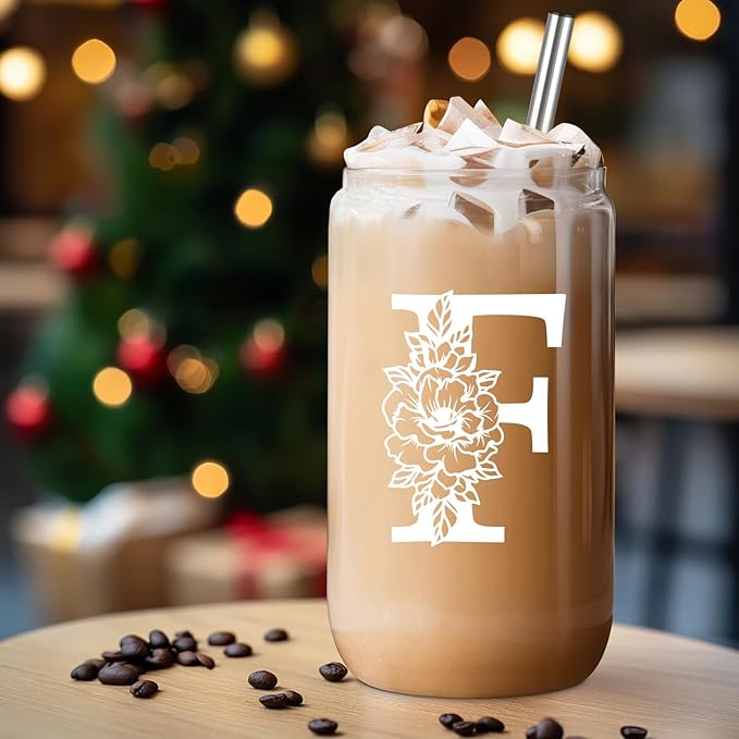 Coolife Initial Glass Cup, Monogrammed Gifts for Women, 16 oz Glass Cups w/Lids Straws, Iced Coffee Smoothie Beer Tumbler w/Straw Lid - Personalized Christmas, Birthday Gifts for Her Mom Friend Woman