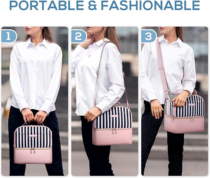 TOURIT Lunch Bag Women Double Deck Lunch Box Insulated Lunch Cooler for Women Men Work, Pink Stripes