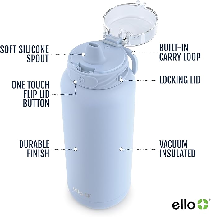 Ello Cooper 18oz Kids Stainless Steel Water Bottle with Straw and Carry Handle, Double Walled and Vacuum Insulated Metal, Leak Proof Locking Lid with Soft Silicone Spout, BPA Free, Halogen Blue