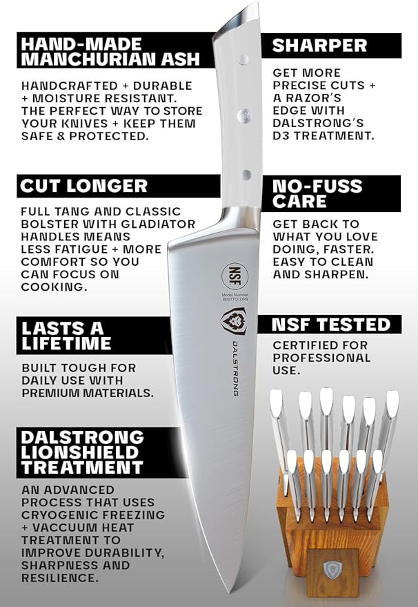Dalstrong 12-Piece Knife Block Set - Gladiator Series Elite - White Handles - German HC Steel - Hand-Made Manchurian Ash Wood Block - NSF Certified