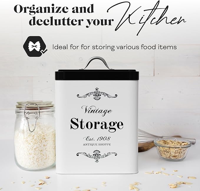 Amici Home Antique Shoppe Metal Canister | Dry Food Storage Container | Push Top Lid | 208 Ounce Capacity | Vintage Square Canister for Kitchen Countertop