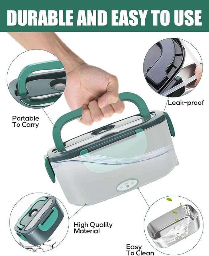 Buddew Electric Lunch Box for Adults, 80W Heated Lunch Box with Dual 1.5L Stainless Steel Portable Food Warmer,12/24/110V Lonchera Electrica Portatil for Travel&Work, Loncheras para Hombres de Trabajo