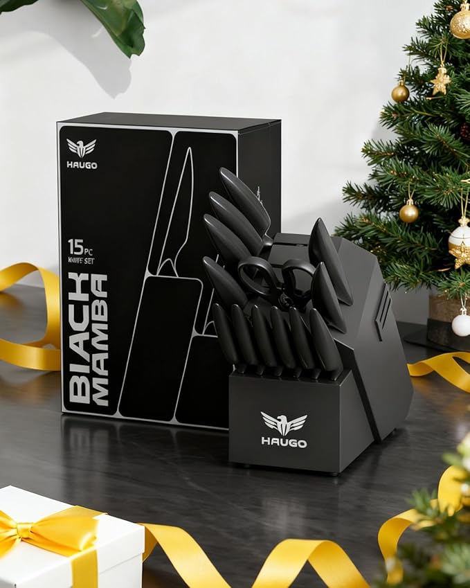 Knife Set - Haugo 15 PCS Kitchen Knife Set with Built in Sharpener - High Carbon German Stainless Steel - Dishwasher Safe Knife Block Set - Anti-Slip Handle - Black Mamba Series