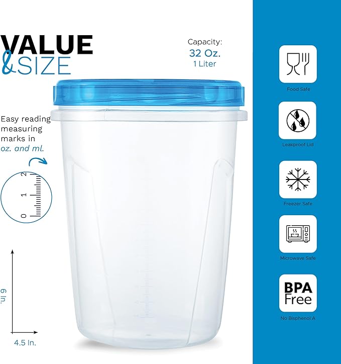 Tafura 6 Pack Leakproof Freezer Containers for Food with Twist Top Lids - 32 Oz BPA Free Reusable Plastic Soup Containers with Screw On Lids - Ideal for Meal Prep, Leftovers & Pantry Organization