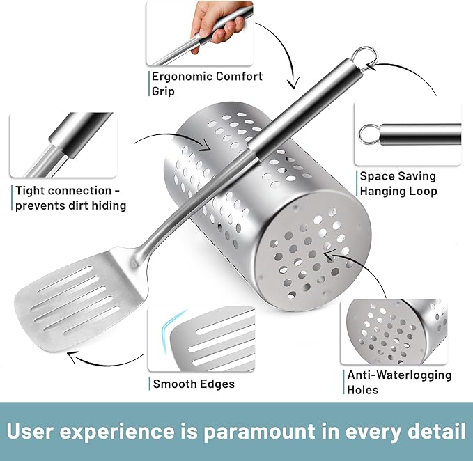 Pleafind Stainless Steel Cooking Utensils Set, 13 Pcs Heat Resistant Kitchen Utensils Set, Nonstick Kitchen Tools Set With Utensil Holder, Metal Spatula Set for Chef, Dishwasher Safe